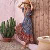 Casual Dresses Summer Beach Floral Print Dress For Women Bohemian Elegant Ladies V-ringen Kort ärm Kvinnlig Robe Boho Hippie Maxi Dresses 230322