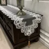 Table Runner Oval Lace Fabric Table Runner Long Dust Cover Embroidered Pendant Tassel for TV Cabinet Dining Table Wedding Party Decoration 230322