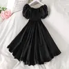 Freizeitkleider Kleider für Damen Vintage Gothic Kleid Elegant O-Ausschnitt Kurze Puffärmel Hohe Taille Mittellang Dark French Chic Vestidos G230322