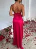 Festklänningar rlmababy sommarkvinnor en axel ruched backless fotledslängd satin sexig elegant hög split röd lång bodycon y2303