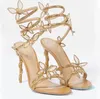 Rene Caovilla Butterfly Crystal Decorative High Sandals Stiletto 여성 이브닝 드레스 신발 9.5cm Serpentine 랩 어라운드 럭셔리 디자이너 여성 하이힐