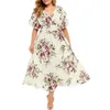 Robes Décontractées Femmes Plus La Taille Flutter Manches Courtes Sexy Col En V Midi Robe Longue Swing Boho Imprimé Floral Taille Smockée A-Line Robe D'été