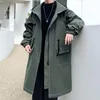 Trenchs d'hommes Style d'outillage à capuche manteau noir hommes élégant coupe-vent coréen automne hiver décontracté épaissir vêtements d'extérieur vêtements à la mode