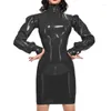 Casual Dresses Punk Bodycon Dress for Women High Quality Long Puff Sleeves Vinyl Ladies Pvc Neck Package Hips Fancy Halloween