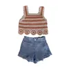 Ensembles de vêtements fille coréenne creux crochet tricot chemise haut été doux vacances style gilet jeans enfants vêtements enfant en bas âge t-shirt denim shorts 230322