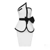 Work Dresses High Quality Celebrity Bodycon Black White Cute Bow Two Pieces Set Short Strappy Suit