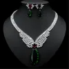 Vintage Lab Emerald Diamond Jewelry set 14K White Gold Wedding Rings Earrings Necklace For Women Bridal Engagement Jewelry Gift