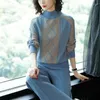 Women's Two Piece Pants Blue Patchwork Pattern Sweater Women Set Fashion Warm Turtleneck Tops Knitted Wide Leg Pant Suit Winter High Quality