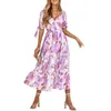 Casual Dresses Womens Bohemian Floral Printed Swing Midi Long Dress Self-Tie Puff Half Sleeve Empire Waist Ruffle Hem A-Line