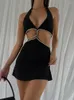 Casual Dresses Women Summer Rave Festival Outfits Straps Sexy V Neck Skinny Wrap Black Halter Cut Out Mini Dress