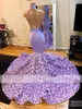 Purple Prom Sexy Mermaid Dresses 2023 Halter Crystal Lace Applicques Ruffles Graduation Party Dress Formella klänningar Robe de Bal Court Train