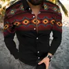 Camisas casuais masculinas camisa étnica homens de manga comprida aztec geométrica impressa na blusa de botão vintage de streetwear ocidental
