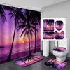 Zasłony prysznicowe 3D Dusk Beach Coconut Tree Wodoodporne zasłony prysznicowe Purple poliestrowe zestawy łazienki Toliet Pokrywa nie poślizgowa dywan 230322