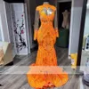 2023 Vestidos de baile sexy Sirena Naranja Cuello alto Manga larga Ilusión Lentejuelas Encaje Vestidos de fiesta de noche formales Lentejuelas Vestidos de graduación