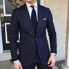 Ternos masculinos Blazers Pinstripe Slim Fit Men Ternos para Tuxedo de casamento formal entalhado com lapela 2 peças azul listrado noivo listrado noivo masculino moda 230322