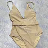 Kaki badpak met riem met briefbadge Diepe V-hals Zwemkleding voor dames Sexy rugloze bikini