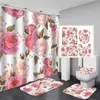 Shower Curtains Pink Flowers Rose Elegant Printed Shower Curtain Set Waterproof Women Bathing Bathroom Pedestal Rug Lid Carpet cortina ducha 230322