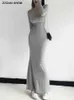 Party Dresses 2022 Sexy Square Collar Knitted Cotton Maxi Long Mermaid Dress Women Full Sleeve Stretch Basic Bodycon Fishtail Robe Vestido Y2303