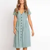 Casual Dresses Summer Short Sleeve V Neck Button Down Swing Midi Dress Women 2021 Casual Style Solid Tunic With Pocket Beach Dresses G230322