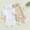 Ensembles de vêtements pour bébés filles, ensembles de vêtements pour tout-petits, tenues en tricot à volants en dentelle, barboteuse, short, bandeau à nœud, 230322