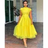 캐주얼 드레스 노란색 세련된 파티 드레스 여자의 여름 새로운 단색 목이 허리 메쉬 a-line 드레스 패션 아프리카 옷 앙카라 로브 2022 g230322