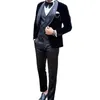 Mode Zwart bruiloft Tuxedos Bruidegom Draag 3 stuks Slim Fit Men Shawl Rapel Prom Party Blazer Groomsmen Dinner Pak Velvet Jacket Broek Vest