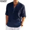 Heren T-shirts 2022 Nieuwe Mannen Casual Linnen T-shirts Mannelijke Mandarijn Kraag Sexy V-hals Katoen Linnen T-shirt zomer Lange Mouw Tops S-4XL W0322