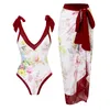 2023 Nova Moda Biquíni Duas Peças Separa Vintage Floral Estampado Geométrico Uma Peça Sexy Decote em V Verão Beachwear Laço Laço Maiô Sem Costas