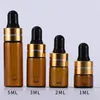 Refillable Mini Amber Glass Dropper Bottles 1ml 2ml 3ml 5ml with Pipette Gold Silver Black Lids For Travel Essense