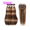 Yirubeauty Indian 100% Human Hair 4 Bundels met kantafsluiting Vrij midden Drie Deel P4 27 Babyhaar zijdeachtige rechte lichaamsgolf 10-30 inchch