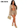 Tute da donna CM.YAYA Moda Plissettata Tuta da donna Camicia a maniche lunghe Reggiseno e pantaloncini Completo 2022 INS Due set da 3 pezzi Abiti Tuta P230320