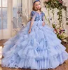 Tiere Flower Girls Dresses 2023 Baby Blue Ruffles Ball Ball Bead Kids Vontal Half Sleeve Princess Child Visice Fricate E0322