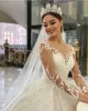 Vintage Long Sleeve Lace Ball Gown Wedding Dresses Dubai Arabic Sheer Neck Backless Appliques Sequins Bridal Gowns Luxury White Robe de mariage BC11371