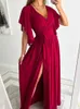 Partykleider Sommer Schmetterlingshülse Plissee Maxi für Frauen Elegante V-Ausschnitt Schärpen Hohe Taille Vintage Weiblicher Urlaub Y2303