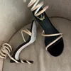 Rene Caovilla Cleo Strass Sandálias embelezadas Omega Snake Spiral-Wrap Stiletto Saltos femininos Designer de luxo Tornozelo Wraparound Sapatos de noite calçados de fábrica