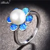Fedi nuziali Blaike carino argento sterling 925 riempito fiore blu opale di fuoco per le donne squisita anello di perle bianche gioielli regali Edwi22