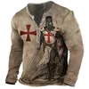 Men's T-Shirts Vintage Men's Cotton T-Shirts Knights Templar Print 3D T Shirts Summer Oversized Tops Long Sleeve Tee Casual Button-Down Clothes 230323