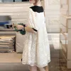 Casual Dresses Sweet Peter Pan Collar Chic Button Midi Dresses Women's Clothing Casual Loose Spliced Summer Puff Sleeve Commute Chiffon Dress 230323