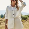 Kvinnors spårdräkter Summer Beach Leisure Button White Suit Cotton Linne Två bit långärmad skjorta Shorts Outfits 230323