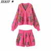 Women's Two Piece Pants XEASY Women Flowers Sweater Set Fashion Vintage SingleBreasted Loose Cardigan Female Elastic High Waist Knit Shorts Suit 230322