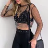 Women's Tanks Camis Pearl Top Women Mesh 2023 Spring Lady Long Sleeve Transparent Cover Up Clubwear Fashion Sheer T Shirt 230322