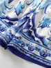 Dwuczęściowe spodnie damskie Delocah Wysokiej jakości letnia designerka mody niebieskie i białe porcelanowe szorty z drukowaniami Batwing Tops Suits 230322