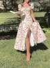 Casual Dresses Women Spring Summer Vintage Fashion Puff Sleeve Floral Print Slim Square Collar Side Slit Long Midi Dress 230322