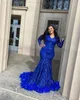 2023 Arabiska aso ebi Royal Blue Prom Dresses Mermaid Feather Sexig kväll Formell parti andra mottagning födelsedag engagemang klänningar vestidos de noche femme robes