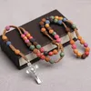 Colorful Cross Pendant Necklace Catholic Rose Rosary Jesus Christian Prayer Beaded Necklace Religious Jewelry