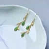 Charm Natural Hotan jasper salix leaf earings for women Classic long fresh Eardrop Ancient gold craft Charm engaged jewelry Z0323