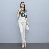 Women's Two Piece Pants 2023 Office Lady Shirt And Trouser 2 Pieces Suit Set Women Black White Twinset Tie Up Top Pant 2PCS Outfits Business