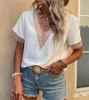 2023 Neue Frauen V-Ausschnitt Spitze Casual Solid Shirt Chiffon plus Größe Bluse Seide Damen Sommer Tops Blusen