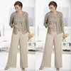 Three Pieces Mother of the Bride Suits with Lace Jacket Chiffon Pants Suit Wedding Guest Dresses Mom Formal Ocn Party Gowns