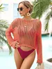 Blusa de playa calada de punto Sexy para mujer, Color sólido, calado, transparente, manga larga, protector solar